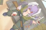  alternate_costume ammunition animal_ears bandaged_head bandaged_leg bandages blood bloody_bandages breasts bunny_ears can cigarette cleavage commentary_request cube85 dog_tags downblouse from_above gun half-closed_eyes highres injury large_breasts long_hair military military_uniform pants pump_action purple_eyes reisen_udongein_inaba shotgun shotgun_shells sitting soda_can solo touhou uniform very_long_hair weapon 