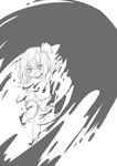  arm_up bloomers darkness fang greyscale hair_ribbon looking_at_viewer monochrome nibi open_mouth ribbon rumia smile solo topless touhou underwear underwear_only 