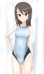  bare_arms bare_shoulders brown_eyes brown_hair collarbone competition_swimsuit girls_und_panzer hand_on_hip highres long_hair mika_(girls_und_panzer) one-piece_swimsuit simple_background solo standing striped striped_swimsuit swimsuit takafumi thigh_gap 
