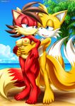  2015 2_tails anthro archie_comics bbmbbf beach bikini black_nose blue_eyes bow breasts canine clothed clothing couple cream_fur cute duo eye_contact female fiona_fox fox fur hair half-closed_eyes hands_on_stomach hug looking_back male male/female mammal miles_prower mobian_(species) mobius_unleashed multiple_tails nipples one_eye_closed open_mouth orange_fur palcomix red_fur red_hair sea seaside short_hair smile sonic_(series) standing swimsuit water white_fur 