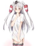  alternate_costume amatsukaze_(kantai_collection) bottomless brown_eyes choker collarbone colored_eyelashes cowboy_shot dripping garter_straps grey_hair hair_between_eyes hair_tubes hand_to_own_mouth headgear kantai_collection kyuukon_(qkonsan) long_hair looking_at_viewer open_mouth see-through shirt shirt_tug short_sleeves solo sweatdrop t-shirt thighhighs two_side_up very_long_hair wavy_mouth wet wet_clothes white_background zettai_ryouiki 