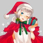  blue_eyes blush bow bracelet cape clover clover_hair_ornament elf eules four-leaf_clover four-leaf_clover_hair_ornament fur gift hair_ornament hat jewelry one_eye_closed original parted_lips pointy_ears santa_hat silver_hair solo 