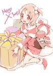  :d alternate_hairstyle bag bare_legs box brown_eyes brown_hair chiyo_(rotsurechiriha) christmas creature full_body gift gift_box happinesscharge_precure! hat kneeling merry_christmas oomori_yuuko open_mouth phanphan_(happinesscharge_precure!) precure red_shirt shirt short_hair shorts side_ponytail smile white_background 