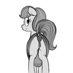 2015 anal_insertion animal_genitalia apple butt clitoris clothing dock earth_pony equine equine_pussy fan_character female feral food fruit horse looking_back mammal mcsweezy monochrome my_little_pony pony presenting pussy raised_tail simple_background smile solo standing white_background 