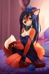  2015 anthro bed blue_eyes blue_hair breasts canine cleavage clothed clothing collar dress dress_lift female flower fox fur hair iskra kneeling lolita_(fashion) long_hair mammal orange_fur plant ribbons rose solo 
