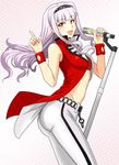  brown_eyes chain_belt from_side hair_ornament holding holding_microphone idolmaster idolmaster_(classic) long_hair microphone midriff open_mouth purple_eyes shijou_takane silver_hair solo tsurui 