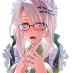  apron blush crying glasses hair_ornament hairclip highres japanese_clothes long_hair looking_at_viewer maid open_mouth original sakuya_tsuitachi silver_hair solo steepled_fingers 