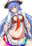  blue_hair blush bra breasts food frilled_bra frilled_panties frills fruit hat hinanawi_tenshi large_breasts long_hair looking_at_viewer midriff naughty_face navel neckerchief neropaso open_clothes open_shirt panties peach red_bra red_eyes red_panties shirt solo string_panties touhou underwear very_long_hair 