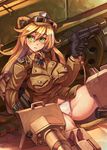  absurdres animal_ears black_gloves blonde_hair blush breasts cannon gloves goggles goggles_on_headwear green_eyes ground_vehicle gun handgun hannelore_kummel hat highres iron_cross junkpuyo large_breasts lips long_hair military military_uniform military_vehicle motor_vehicle no_pants original panties solo strike_witches_(lionheart_witch) tank trigger_discipline underwear uniform weapon white_panties world_witches_series 