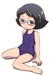  barefoot black_eyes black_hair blush frown full_body glasses looking_at_viewer nollety one-piece_swimsuit sakai_shizuka school_swimsuit short_hair simple_background sitting solo swimsuit white_background youkai_watch 