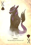  blue_eyes card english_text hat king kingadee looking_at_viewer lootz male necktie royalty sergal smile solo spade suit text 