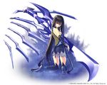  black_hair breasts cleavage copyright_name detached_sleeves dress from_behind hair_ornament kai-ri-sei_million_arthur kawanakajima kneeling long_hair looking_at_viewer looking_back million_arthur_(series) purple_eyes small_breasts smile solo thighhighs very_long_hair 