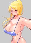  armpits bikini blonde_hair blue_bikini blue_eyes blush breasts cleavage collarbone covered_nipples grey_background huge_breasts long_hair looking_at_viewer metroid navel open_mouth ponytail reaching_out samus_aran self_shot simple_background skindentation solo sweat swimsuit teeth wolffeld 