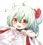  ahoge bow commentary ex-keine eyebrows_visible_through_hair fujiwara_no_mokou green_hair hair_between_eyes highres horn_bow horns kamishirasawa_keine looking_at_viewer looking_up multiple_girls musical_note pudding_028 red_eyes shirt smile spoken_musical_note suspenders tail touhou white_shirt younger 