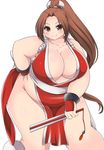  &gt;:) big_belly blush breasts brown_hair cleavage commentary_request contrapposto fat fat_folds hand_on_hip highres huge_breasts kurokaze_no_sora long_hair no_panties obese pelvic_curtain ponytail revealing_clothes shiranui_mai smile solo standing the_king_of_fighters thick_thighs thighs v-shaped_eyebrows 