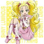  :d arm_warmers blonde_hair boo_(takagi) boots bow brooch character_name double_v earrings frills full_body futari_wa_precure futari_wa_precure_max_heart green_eyes hair_bow hair_ornament heart heart_earrings heart_hair_ornament highres jewelry knee_boots kujou_hikari leg_warmers long_hair looking_at_viewer magical_girl open_mouth pink_bow pink_footwear pink_skirt precure shiny_luminous sitting skirt smile solo twintails v white_bow yellow_background 