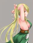 adjusting_hair armpits arms_up bare_shoulders blonde_hair breasts character_request dress from_behind green_dress highres large_breasts long_hair looking_back sideboob silver_(chenwen) smile solo tower_of_saviors yellow_eyes 