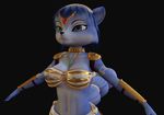  3d_(artwork) anthro armor black_nose blue_eyes blue_hair bracers breasts canine cgi clothing digital_media_(artwork) endless_(artist) female footwear fox fur gem hair hair_ornament headband hi_res jewelry krystal mammal markings navel necklace nintendo sandals short_hair shoulder_pads star_fox tribal video_games white_fur 