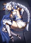  animal_ears armor belt blush boots bound bound_arms braid breasts brown_eyes cape cat_ears dress erune gauntlets granblue_fantasy heles jonylaser large_breasts long_hair looking_at_viewer lying metal_boots on_side silver_hair solo textless thigh_boots thighhighs thighs tile_floor tiles very_long_hair white_dress 