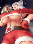  anger_vein animal_ears breasts christmas eyebrows hand_on_hip highres inubashiri_momiji large_breasts looking_at_viewer looking_down midriff navel open_mouth red_eyes short_hair silver_hair solo tail thick_eyebrows thighs tochinoko touhou underboob wolf_ears wolf_tail 