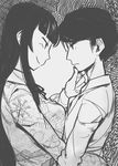  1girl couple eric_muentes greyscale hetero highres hime_cut hug long_hair looking_at_another madeline_(eric_muentes) mole mole_under_eye monochrome original smile 
