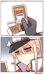  &gt;:( blonde_hair blue_eyes coffee comic commentary disappointed frown german gloves graf_zeppelin_(kantai_collection) hat high_collar kantai_collection peaked_cap rexlent shaded_face translated uniform v-shaped_eyebrows 