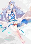  absurdres anklet aqua_(fire_emblem_if) barefoot blue_hair dress eules feet fire_emblem fire_emblem_if highres jewelry long_hair solo thigh_strap veil very_long_hair 