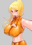  :o angry armpits bangs bare_shoulders blonde_hair blue_eyes blush breasts cleavage cleavage_cutout collarbone covered_nipples cowboy_shot crop_top crotch_seam foreshortening from_side grey_background halterneck high_ponytail huge_breasts long_hair looking_at_viewer metroid metroid:_zero_mission midriff multicolored multicolored_eyes navel open_mouth outstretched_arm ponytail reaching_out red_eyes samus_aran self_shot shouting simple_background solo sports_bra teeth turtleneck v-shaped_eyebrows wolffeld 