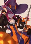  bat blue_eyes choker demon_tail detached_sleeves dragon_girl dress elizabeth_bathory_(fate) elizabeth_bathory_(fate)_(all) elizabeth_bathory_(halloween)_(fate) fate/extra fate/extra_ccc fate/grand_order fate_(series) frilled_hat frills halloween hat horns jack-o'-lantern jacky5493 long_hair looking_at_viewer pink_hair pointy_ears smile solo star star_print striped tail vertical-striped_dress vertical_stripes witch_hat 