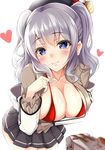  beret blue_eyes blush bra breasts cleavage commentary_request epaulettes hat hazuki_gyokuto heart jacket kantai_collection kashima_(kantai_collection) large_breasts leaning_forward long_hair looking_at_viewer military military_uniform miniskirt open_clothes open_jacket pleated_skirt red_bra silver_hair skirt smile solo tsurime twintails underwear uniform wavy_hair 
