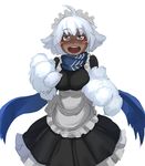  :d ahoge alternate_costume bad_id bad_tumblr_id blush_stickers dark_skin enmaided fur grey_eyes highres less looking_at_viewer maid maid_headdress monster_girl monster_girl_encyclopedia open_mouth paws scarf short_hair silver_hair simple_background smile solo white_background yeti_(monster_girl_encyclopedia) 