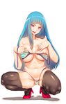  absurdres areola_slip areolae bikini black_legwear blue_hair blush breasts covered_nipples drooling full_body heart heart-shaped_pupils hews_hack high_heels highres large_breasts long_hair looking_at_viewer me!me!me! meme_(me!me!me!) navel open_mouth paid_reward patreon_reward purple_eyes simple_background smile solo squatting striped striped_bikini swimsuit symbol-shaped_pupils thighhighs white_background 