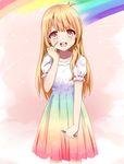  beifeng_han blonde_hair blush commentary cyou_shigen dress gradient_dress long_hair looking_at_viewer open_mouth original pen puffy_short_sleeves puffy_sleeves rainbow rainbow_gradient red_eyes revision short_sleeves simple_background smile solo 