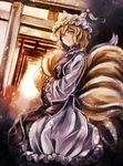  bad_id bad_pixiv_id blonde_hair dress fox_tail hands_in_opposite_sleeves hat highres jan_(lightdragoon) long_sleeves looking_at_viewer multiple_tails pillow_hat solo table tail torii touhou white_dress wide_sleeves yakumo_ran yellow_eyes 