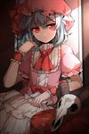  animal_skull brooch hat jewelry looking_at_viewer mob_cap puffy_short_sleeves puffy_sleeves red_eyes remilia_scarlet shirt short_sleeves silver_hair sindre skirt skull solo touhou wrist_cuffs 