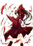  :d absurdres animal_ears black_hair blood bloody_weapon boots bow cat_ears evil_smile fingernails from_behind hair_bow highres katana long_hair matra_milan noihara_himari official_art omamori_himari open_mouth pink_bow ponytail red_eyes sash simple_background smile solo standing sword v-shaped_eyebrows very_long_hair weapon white_background 