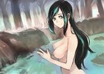  absurdres black_hair blue_eyes breasts forest highres long_hair medium_breasts multicolored_hair nature nipples nude okuto original outdoors river solo two-tone_hair 