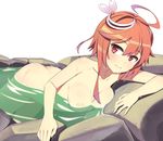  ahoge areolae ass blush breast_press breasts caryo collarbone hair_ornament i-58_(kantai_collection) kantai_collection looking_at_viewer lying medium_breasts nanashino nude on_side onsen pink_hair red_eyes short_hair simple_background smile solo wet white_background 
