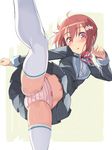  ahoge blush bow bow_panties breasts crotch_seam duplicate flower hair_flower hair_ornament high_kick highres kicking looking_at_viewer michairu nogi_wakaba_wa_yuusha_de_aru panties pantyshot pantyshot_(kicking) pink_panties red_eyes red_hair school_uniform short_hair simple_background small_breasts solo striped striped_panties takashima_yuuna thighhighs underwear white_legwear yuusha_de_aru 