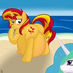  beach belly big_belly cutie_mark duo equestria_girls equine female friendship_is_magic fur hair hooves horn long_hair mammal multicolored_hair my_little_pony open_mouth outside overweight princess_celestia_(mlp) putinforgod seaside smile sunset_shimmer_(eg) two_tone_hair unicorn water white_fur 