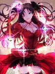  ;) black_hair blue_eyes dress fate/grand_order fate/stay_night fate_(series) formalcraft gem hair_ribbon long_hair one_eye_closed open_mouth ribbon smile solo thighhighs toosaka_rin two_side_up wowishi zettai_ryouiki 