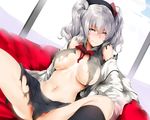  absurdres blush bow bowtie breasts grey_hair hat hat_bow hews_hack highres huge_filesize kantai_collection kashima_(kantai_collection) large_breasts looking_at_viewer miniskirt paid_reward patreon_reward skirt smile solo torn_clothes twintails 