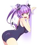  ass back bare_shoulders blue_hair blush breasts brown_eyes caryo fang from_behind gradient_hair hair_ornament hair_ribbon i-19_(kantai_collection) kantai_collection large_breasts leaning_forward long_hair looking_back multicolored_hair one-piece_swimsuit open_mouth purple_hair ribbon school_swimsuit smile solo star star-shaped_pupils swimsuit symbol-shaped_pupils tri_tails twintails 