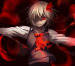  ascot blonde_hair glowing glowing_eyes grin hair_over_one_eye hair_ribbon kikugetsu looking_at_viewer outstretched_arms red_eyes ribbon rumia shirt smile solo touhou upper_body vest 