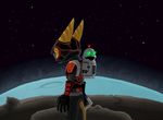  adventure armor asteroid blue_moon clank gazing green_eyes holt5 insomniac lombax lonely long_ears machine mammal moon neon ratchet ratchet_and_clank robot space star suit video_games 