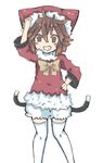  bad_id bad_twitter_id brown_eyes brown_hair cat_tail chen hand_on_hip hat looking_at_viewer multiple_tails nekomata osaname_riku ribbon santa_costume smile solo tail touhou two_tails 