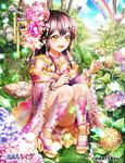  anklet blush bracelet flower hair_flower hair_ornament high_heels hydrangea japanese_clothes jewelry kimono long_hair nature necklace ozon purple_hair rain sandals sitting smile snail solo sparkle toes yellow_eyes 