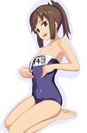  bare_shoulders barefoot blush brown_eyes brown_hair caryo i-401_(kantai_collection) kantai_collection long_hair looking_at_viewer name_tag one-piece_swimsuit open_mouth ponytail school_swimsuit seiza short_ponytail sitting smile solo swimsuit swimsuit_pull tan 