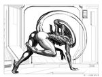  alien alien_(franchise) big_butt big_thighs biomechanical breasts butt door elongated_head female interior invalid_tag nude pussy science_fiction small_breasts smile tubes wide_hips xenomorph zaggatar 