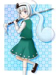  akihitohappy black_hairband hairband highres konpaku_youmu konpaku_youmu_(ghost) myon_(phrase) short_hair silver_hair solo sword touhou weapon 